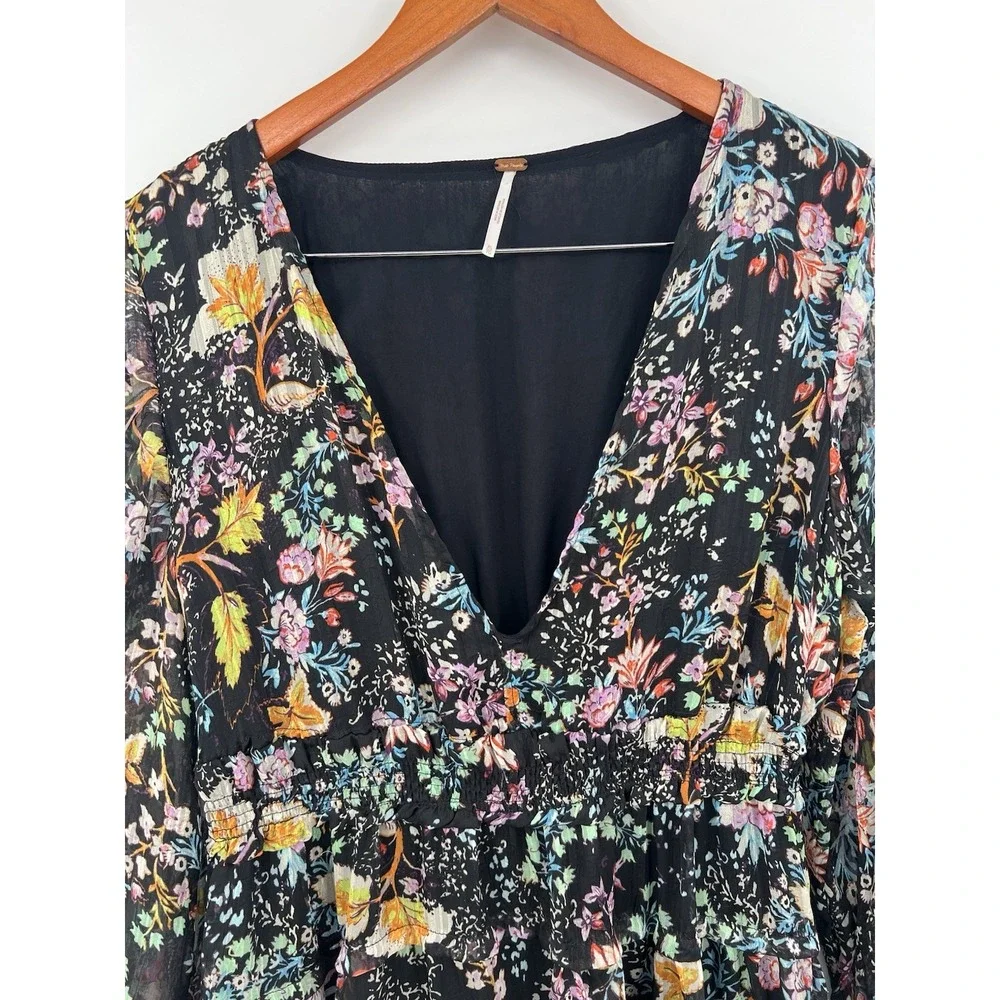 Free People Closer To The Heart Dress XL Black Floral Tiered Ruffle Boho Mini